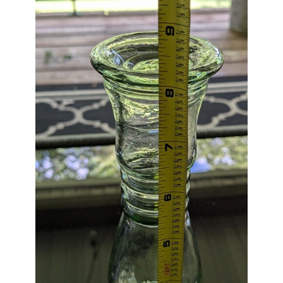 Antique Look Glass Candlestick/Bud Vase Green Tinted Thick 8" Farmhouse Cottage - Picture 4 of 12